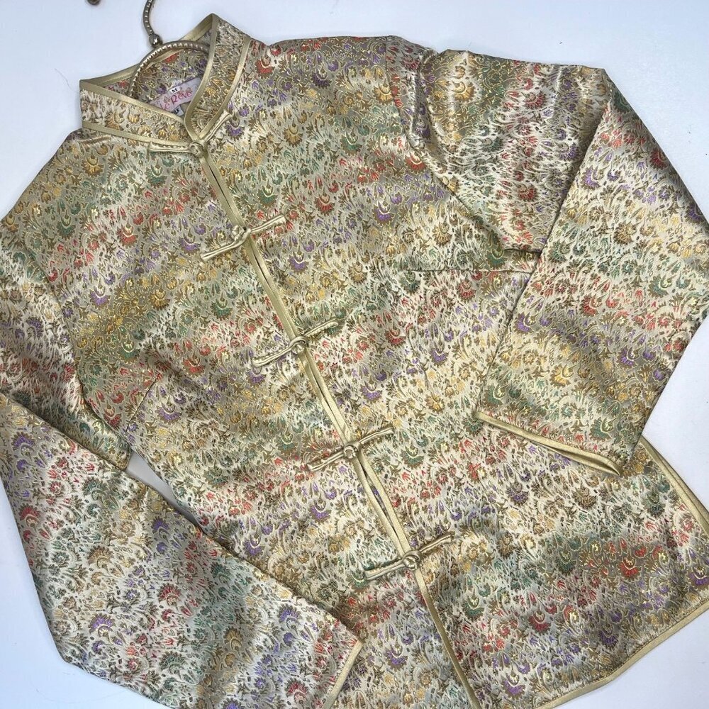 Vintage Crop Kimono Robe Asian Jacket Size XSmall Gold Long Sleeve 100% Silk